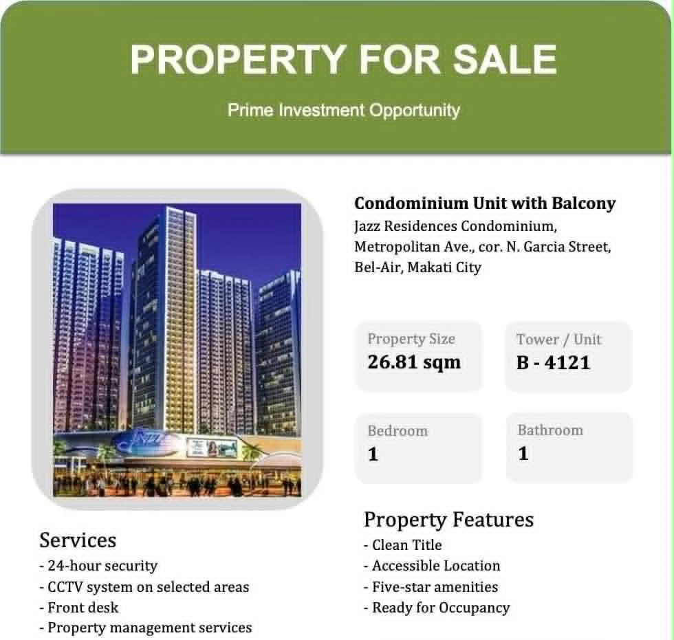 Jazz Residence Condominium | 1BR 27sqm Condo for Sale in Makati City