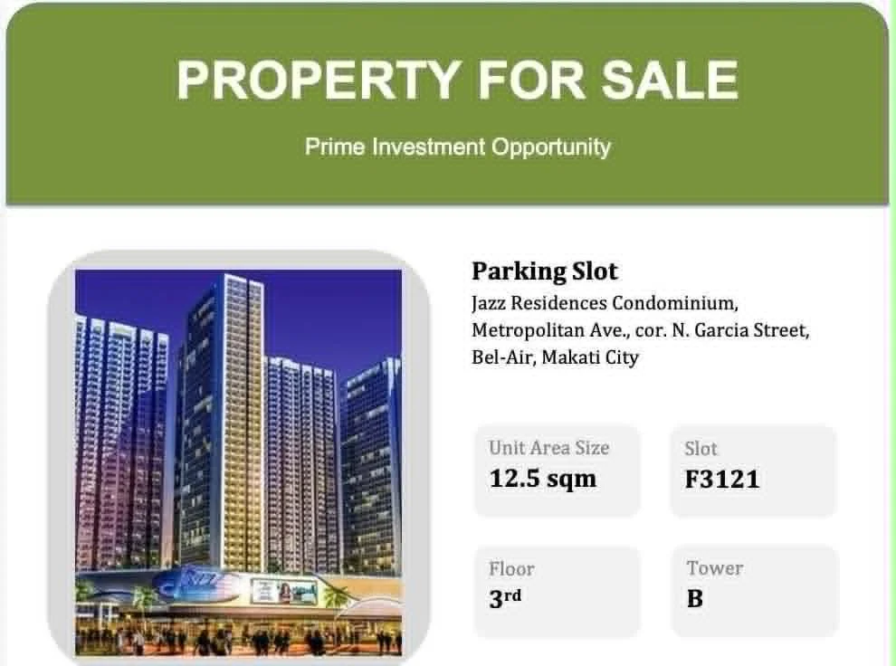 Jazz Residence Condominium | 13sqm Parking for Sale in Makati City