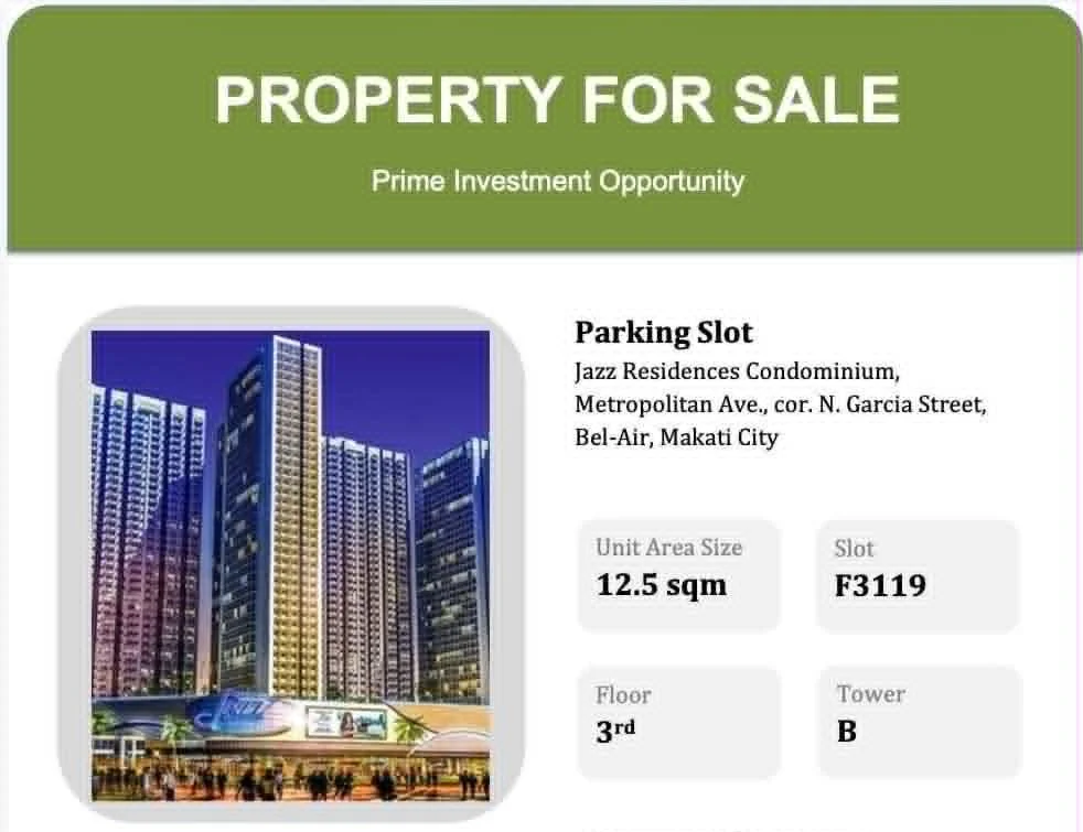 Jazz Residence Condominium | 13sqm Parking for Sale in Makati City
