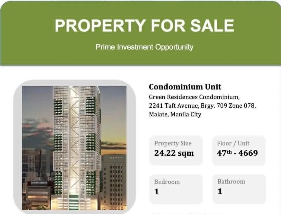 Green Residence Condominium | 1BR 24sqm Condo for Sale in City Of Manila