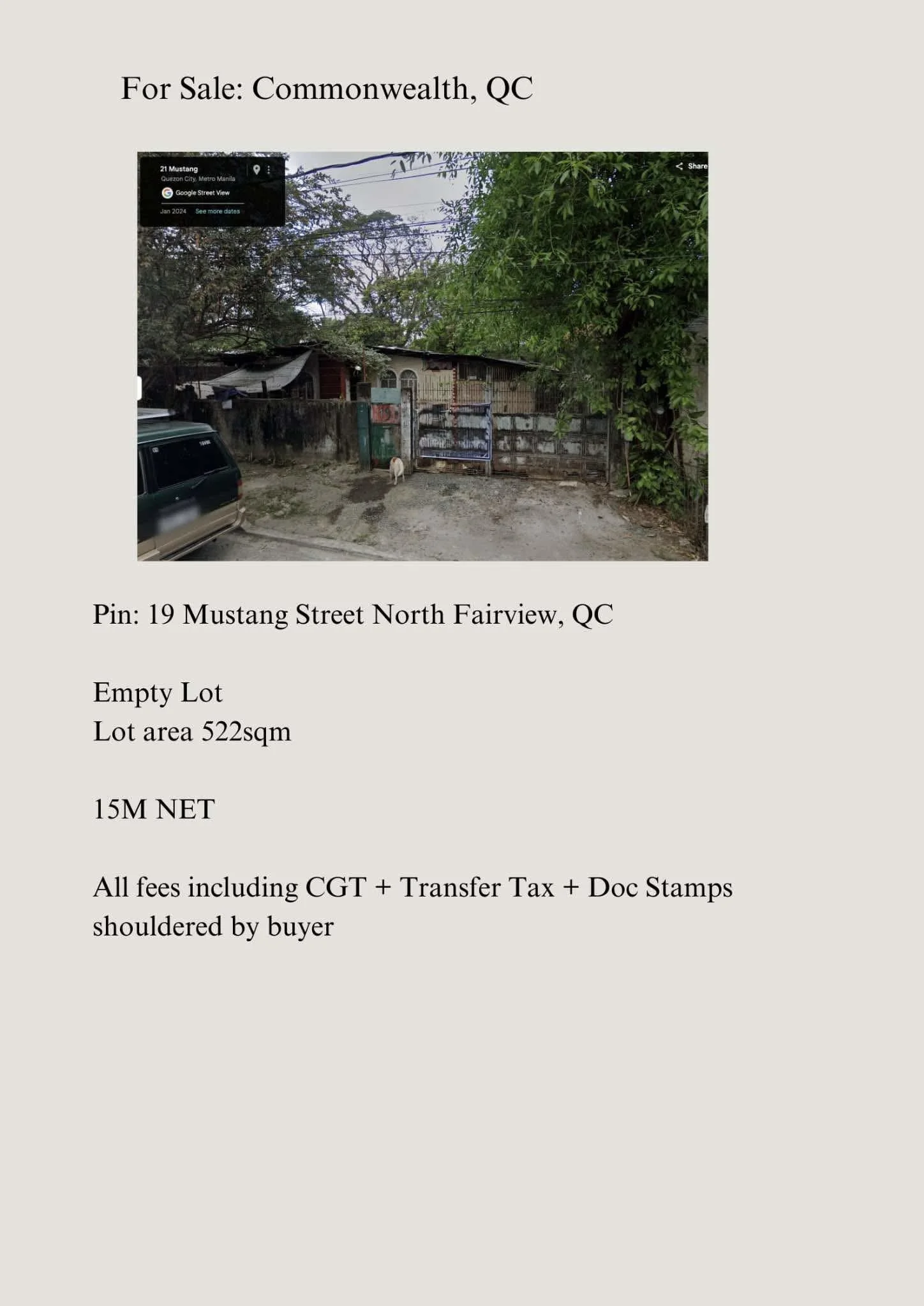 North Fairview Qc Vacant Lot Commercial | 522sqm Lot for Sale in Quezon City