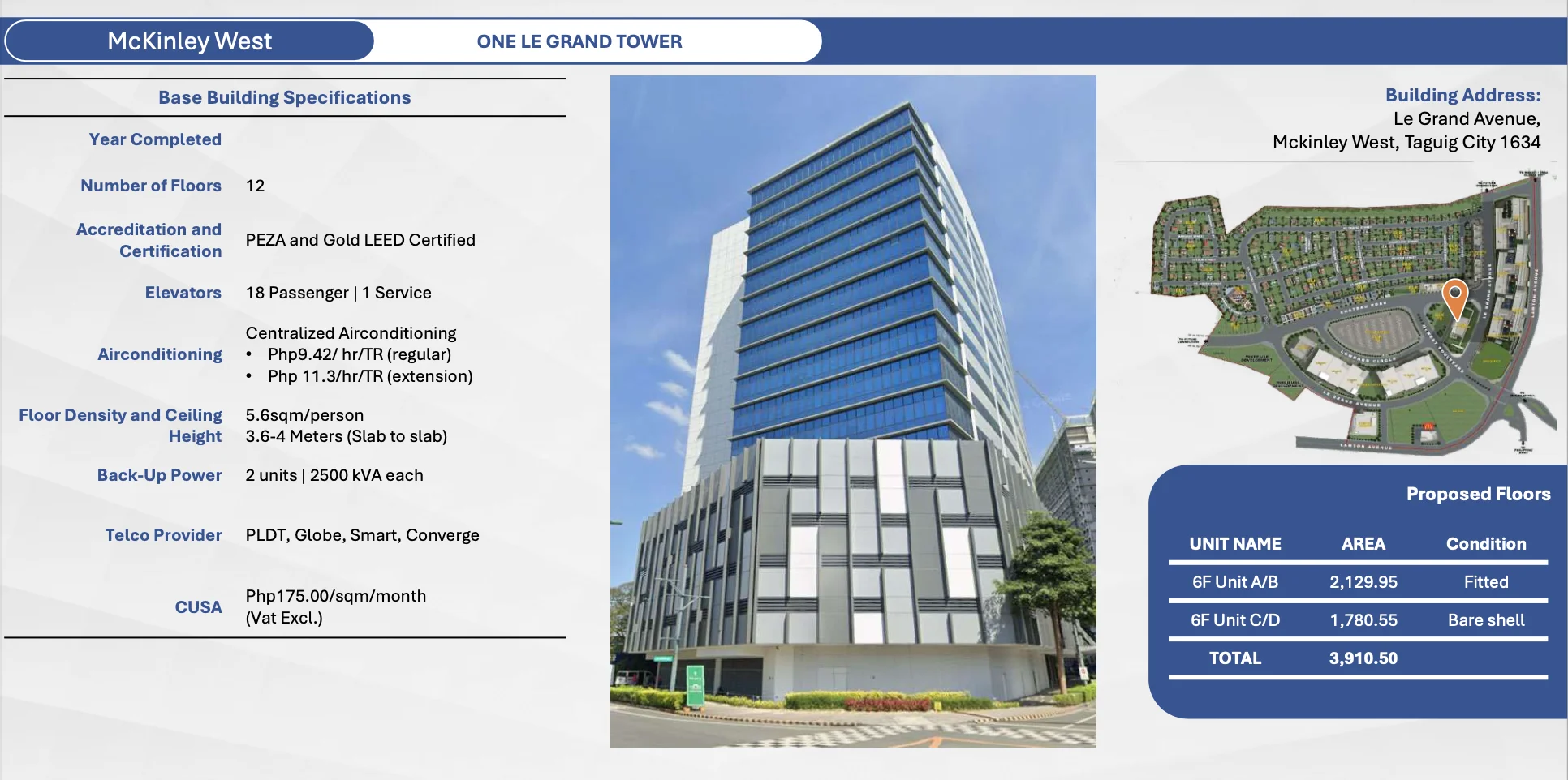 One Le Grand Tower | 3911sqm Office Space for Rent in Taguig City - Mckinley