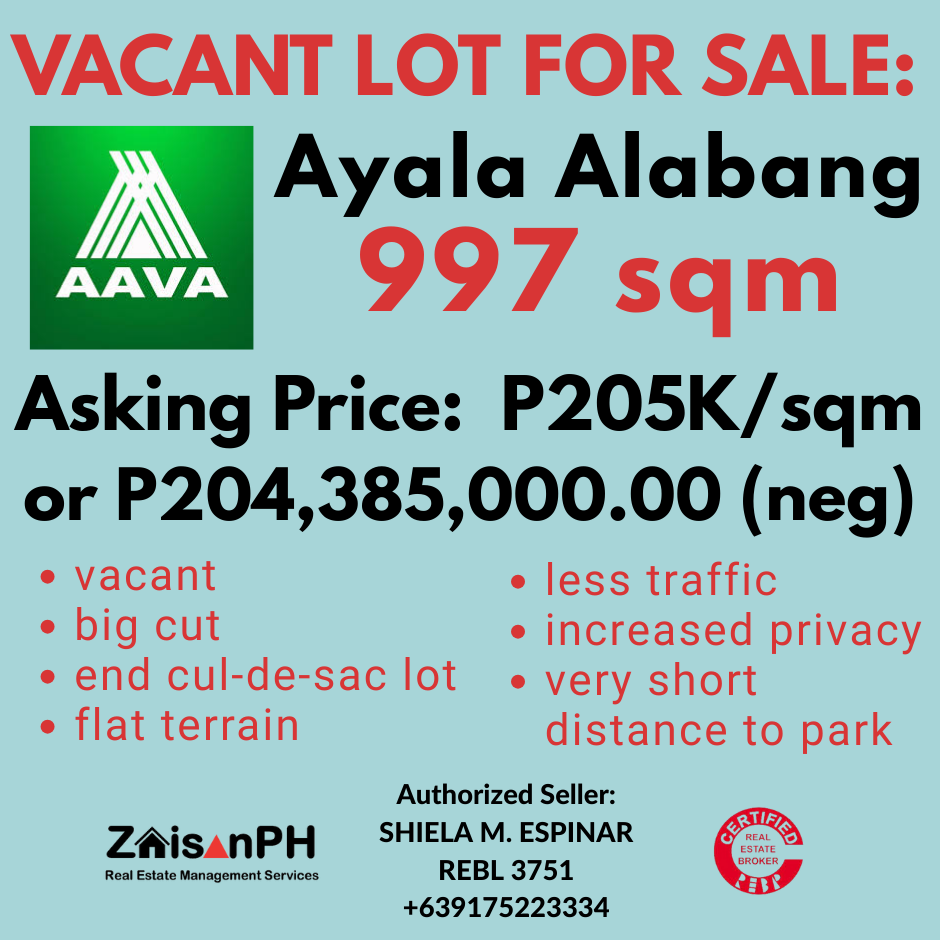 AYALA ALABANG VILLAGE Lot For Sale: 997 sqm |